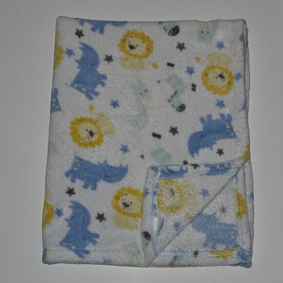 Cutie Pie Lion Zebra Giraffe Rhino Stars Fleece Baby Blanket 30x36 Blue Yellow - Picture 1 of 5